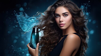 Beautiful brunette woman with wavy long hair holds shampoo bottle and splash of water around her, product advertising banner concept, generative ai