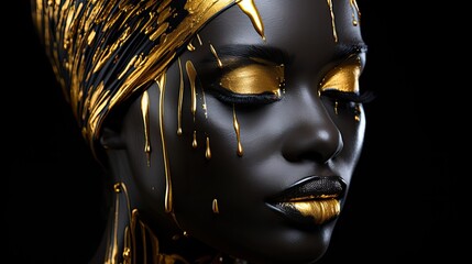 Portrait of beautiful african woman colored painted golden colors on face, close up, generative ai