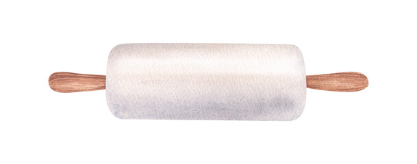 Watercolor kitchen ceramic rolling pin, utensils clipart for bakery decoration. Hand-drawn illustration isolated on white background. Perfect food menu, food drawing, design packing