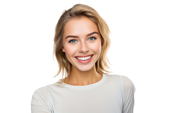 portrait of a happy young woman isolated on white/ transparent background