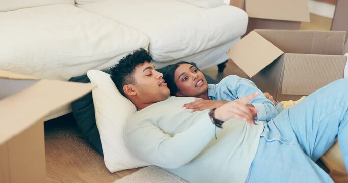 Couple, Talk And Relax On Floor In New Home For Moving, Real Estate Investment And Planning Interior Design. Happy Man, Woman And Homeowners Chat On Living Room Ground For Property Renovation Ideas