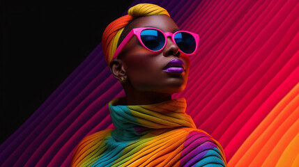Fashion retro futuristic woman wearing sunglasses.  Futuristic pop art fashion girl with geometric pattern background