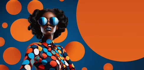 Fotobehang Fashion retro futuristic girl on background with circle pop art background. Woman in sunglasses in surrealistic 60s-70s disco club culture life style © Ron Dale