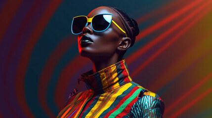 Fashion retro futuristic girl wearing sunglasses.  Futuristic pop art fashion woman with geometric pattern background
