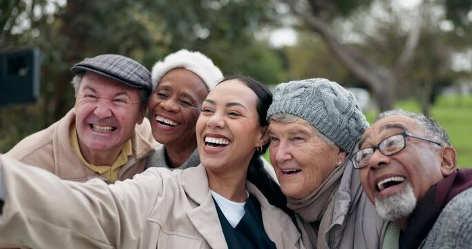 Caregiver, old people and selfie, happy outdoor with elderly care and wellness, health and fresh air. Diversity, memory and social media post, smile in picture with photography and joy in nature