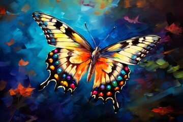 Illustration of a vibrant butterfly painting on a serene blue backdrop