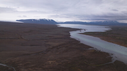 The Hagavatn Lake in the Highland south of Langjokull glacier. Hvitarvatn is a glacier lake in the Icelandic Highlands, feeding the glacier river Hvita in South Iceland.