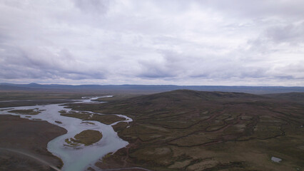 The Hagavatn Lake in the Highland south of Langjokull glacier. Hvitarvatn is a glacier lake in the Icelandic Highlands, feeding the glacier river Hvita in South Iceland.