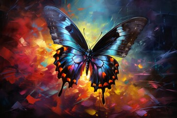 Fototapeta na wymiar Illustration of a vibrant blue butterfly painted on a colorful background