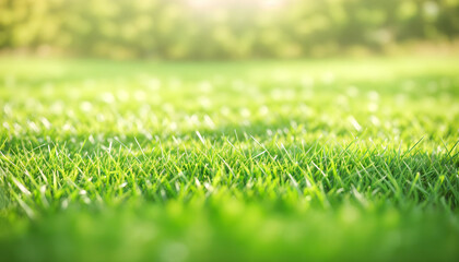 Fototapeta na wymiar Green lawn with fresh grass outdoors. Nature spring grass background texture, размытый задний план with copy space. Landscaping of a parking area.