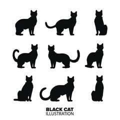 Black Cat Silhouette Collection Set: Vector Halloween Illustrations of Spooky Cats - Transparent Background, PNG, Vector