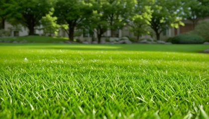 Papier Peint photo Destinations Green lawn with fresh grass outdoors. Nature spring grass background texture, размытый задний план with copy space. Landscaping of a parking area.