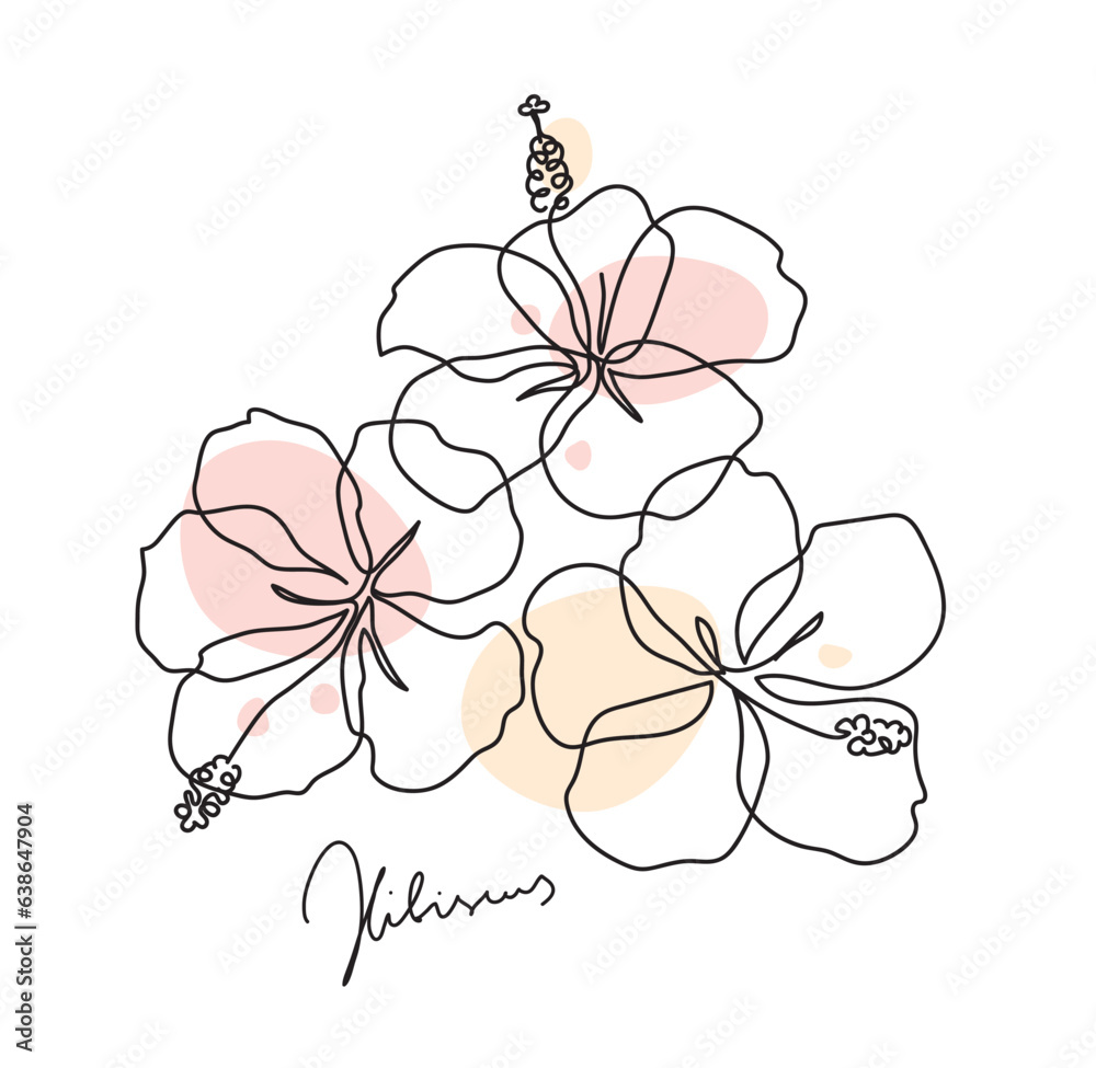 Wall mural beautiful hibiscus flower. line art concept design. continuous line drawing. three blooming flowers.