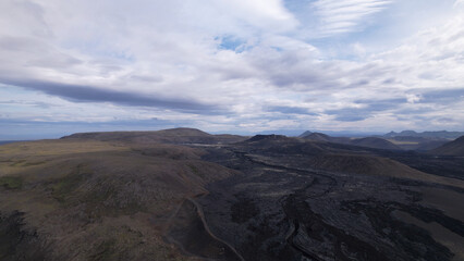 The Fagradalsfjall volcano crater and lava field at Reykjanes, Iceland. Huge lava field from the eruption in 2021.