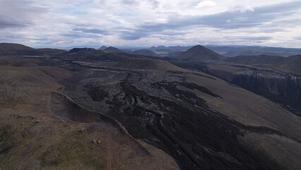 The Fagradalsfjall volcano crater and lava field at Reykjanes, Iceland. Huge lava field from the eruption in 2021.