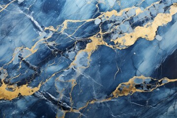 Fototapeta premium Blue Bahia marble, with its striking blue background and waves of white and gold veins. Generative AI
