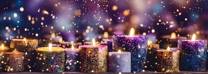 Fototapeta na wymiar Candles festively lit with glitters on the background, generative ai.