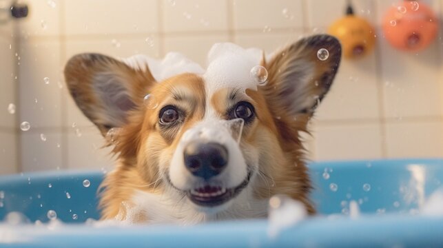 Dog bath, generative ai image of cute puppy with soap foam and bubbles.