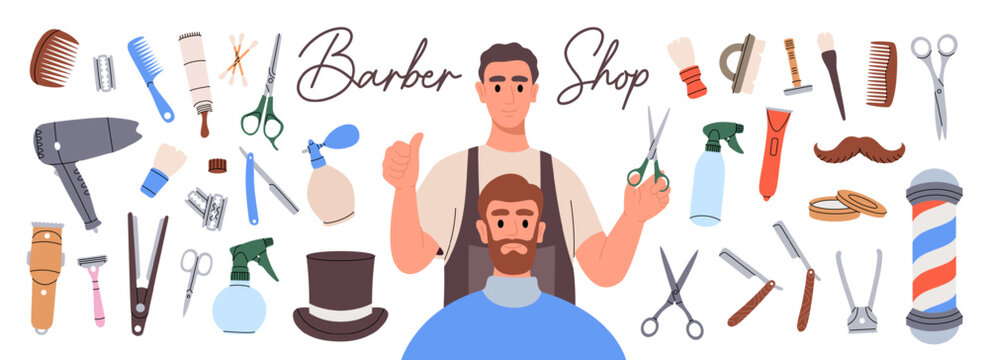 Set of different barber shop tools. Barber shop and hairdresser tools silhouette. Hair salon for man vector illustration
