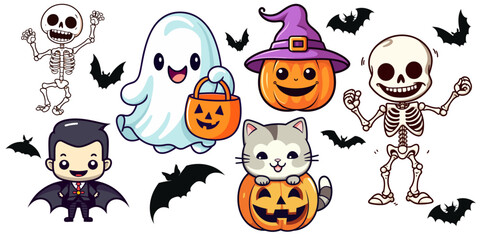 Cute Funny halloween set collection: vampire, dracula, skeleton, skull, cat, pumpkin, witch hat, bat  silhouette. Vector illustration for halloween. halloween party for kids  - Transparent Background