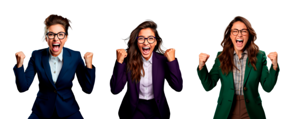 Set of three young businesswomen with euphoric celebrating gesture over isolated transparent background