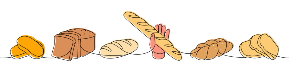 Fresh breads one line colored continuous drawing. Wheat bread, braided bread, ciabatta, french baguette continuous one line illustration.