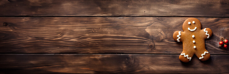 Cute gingerbread man cookie on wood texture background long banner copy space website header