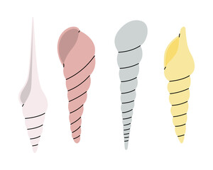 Sea shells. Sea shells, mollusks, scallop, pearls. Tropical underwater shells. Vector illustration.