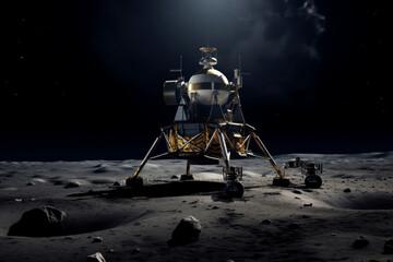 Fototapeta na wymiar Lunar spacecraft lander module sitting on the Moon's south pole. Lunar Exploration Program. Outer space missions.