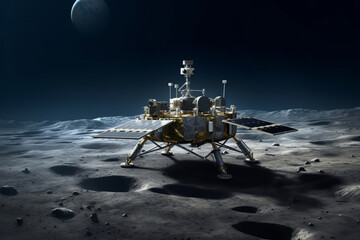 Lunar spacecraft lander module sitting on the Moon's south pole. Lunar Exploration Program. Outer space missions.