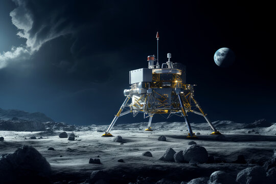 Lunar spacecraft lander module sitting on the Moon's south pole. Lunar Exploration Program. Outer space missions.