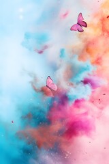 Colorful powder fluttering in the air with two pink butterflies, pastel bolors, background