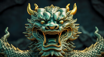 Emerald Gold Chinese Dragon. Chinese new year 2024 year of the green Wood dragon , Chinese zodiac symbol, Lunar new year concept. The symbol of the year 2024 dragon, digital ai