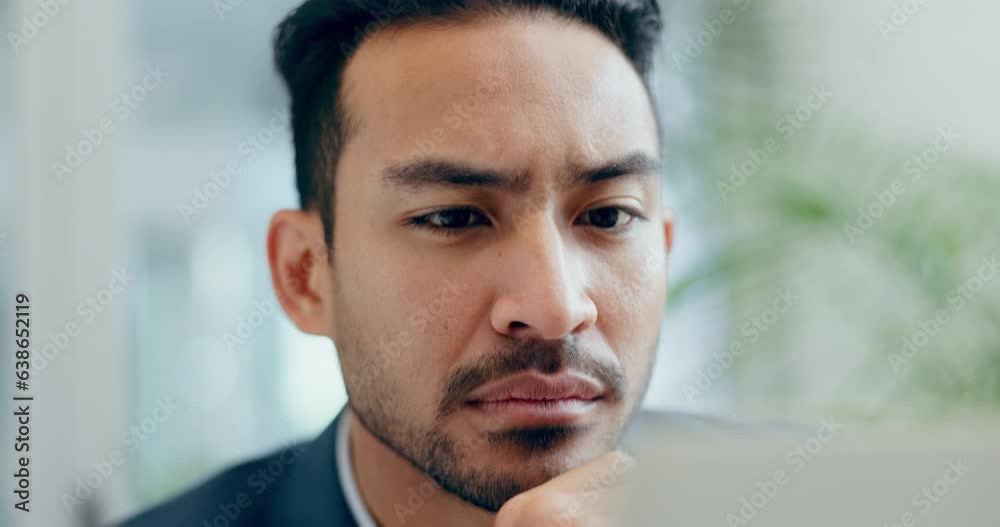 Poster serious face, thinking and business man in office or reading email, internet or notification. asian 