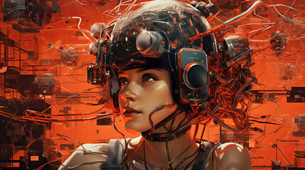 The young humanoid female head is connected to a super computer, symbolizing artificial intelligence. Futuristic illustration of the relationship between humans and neural networks. Copy space