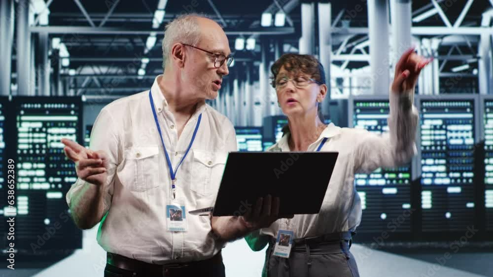 Poster it team in data center using laptop to monitor energy efficient supercomputers. server hub using ren