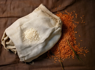 White rice in a burlap bag, rice in a sack, rice in a brown bowl. 