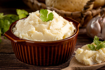 Mashed potato in the bowl. Potato puree.