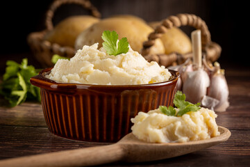 Mashed potato in the bowl. Potato puree.