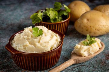 Mashed potato in the bowl. Potato puree.