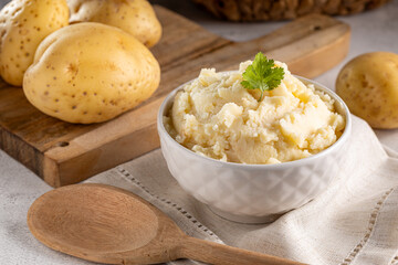 Mashed potato in the bowl. Potato puree.