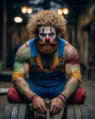 Gardinen A muscular clown defies expectations, embodying a fusion of fitness and an active lifestyle. Fitness clown in a captivating image of strength and entertainment. © Vagner Castro