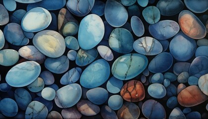 A watercolor dark turquoise and dark indigo photorealistic compositions of pebbles.