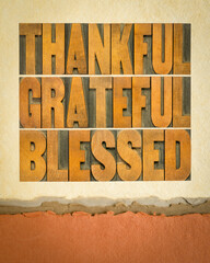 thankful, grateful and blessed inspirational words in vintage letterpress wood type against art paper, Thanksgiving theme