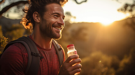 Portrait of young man drinking energy sports nutrition energy gel while sitting and resting after trail running on mountain peak