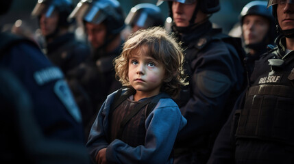 Sad kid with people in police uniform. The situation in country with a totalitarian regime, child without parents