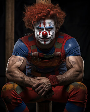 A muscular clown defies expectations, embodying a fusion of fitness and an active lifestyle. Fitness clown in a captivating image of strength and entertainment.