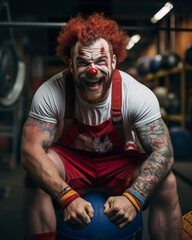 Fototapeta na wymiar A muscular clown defies expectations, embodying a fusion of fitness and an active lifestyle. Fitness clown in a captivating image of strength and entertainment.