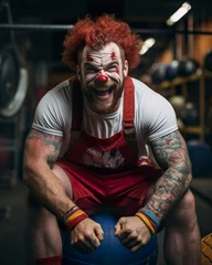 Gordijnen A muscular clown defies expectations, embodying a fusion of fitness and an active lifestyle. Fitness clown in a captivating image of strength and entertainment. © Vagner Castro