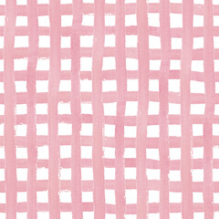Seamless pattern with checkered pink pattern on white background. Watercolor illustration hand drawn. For design, textile, decor, wallpaper, wrapping paper, clothing.